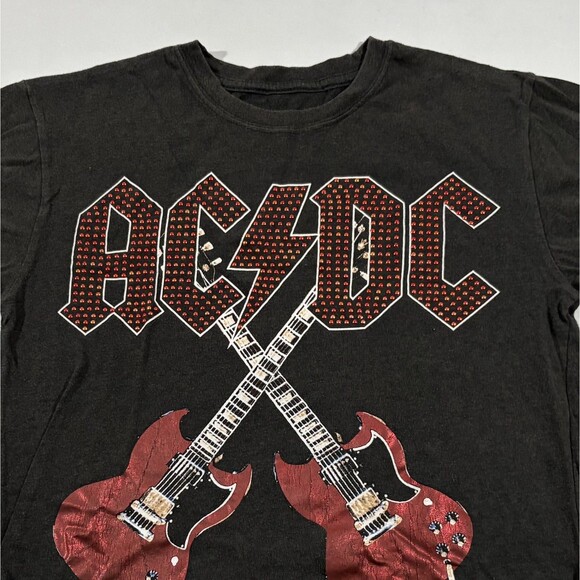 AC/DC Womens For Those About To Rock Gray Tee Studded Graphic Crop T Shirt Sz S - Picture 2 of 9